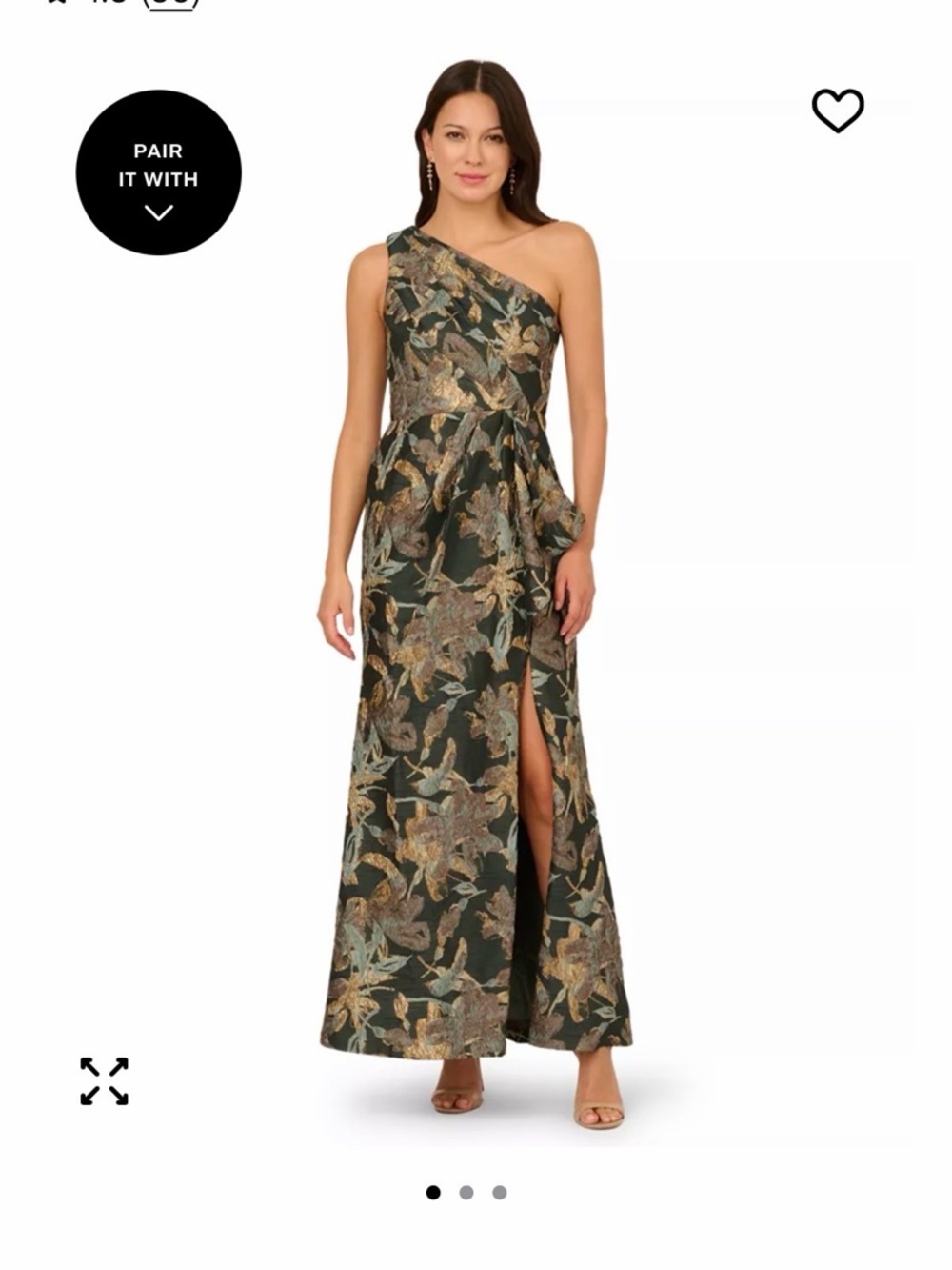 Adrianna Papell One-Shoulder Green and Gold Floral Evening Gown